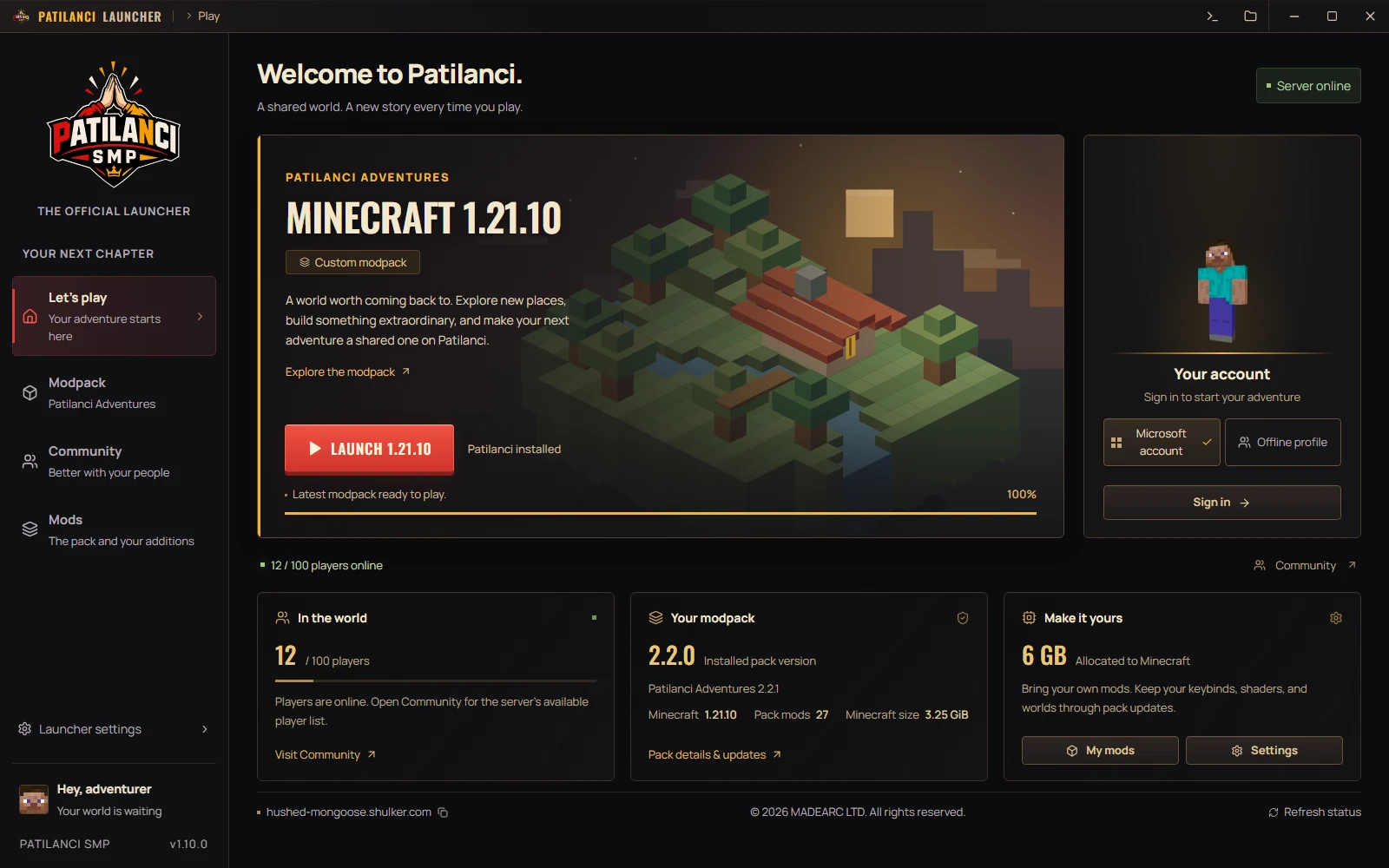 Начален екран на Patilanci Launcher с Minecraft, модпак и вход в профила